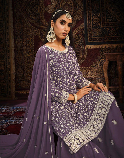 Traditional Function Wear Heavy Faux Georgette Salwar Suit Collection Purple Faux Georgette Pant Straight Close-up View